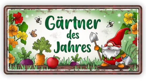 Großes Metallschild rostfrei Blechschild - Gärtner des Jahres - Schild Türschild mit lustigem Spruch im Vintage Retro Look