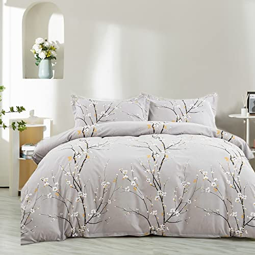 Nyescasa Bettwäsche 135x200 2 Teilig Grau Blumen Botanisch Muster Bettwäsche-Set Blume Zweig Design Wendebettwäsche Weiche Mikrofaser Bettbezug mit Reißverschluss und Kissenbezug 80x80cm