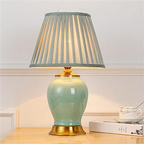 Mengjay Nachttischlampe Keramik Tischlampe,Schlafzimmer Tischleuchte,mit Stoff Schirm Keramik Lampenfuß ，E27 -Fassung（ohne Leuchtmittel），für Wohnzimmer Schlafzimmer Büro Hotel (Green)