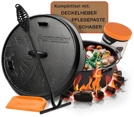 Petromax ft6t Feuertopf-Set - Dutch Oven mit Zubehör für Grill & Feuer | Gusseisen Schmortopf 5,5 l - Planer Boden inklusive Deckelheber, Pflegepaste und Schaber - Ideal zum Backen und Braten
