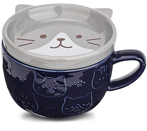 Niedliche Keramik Katze Kaffeebecher mit Deckel,Kaffeebecher oder Teebecher für Katzenliebhaber,Lustige Neuheit Katze Frühstück Tassen für Frauen Freunde Kinder Weihnachten Geburtstag Geschenk,300ML