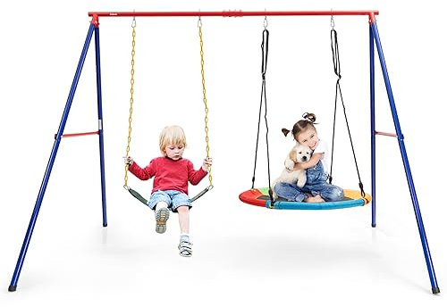 GYMAX Double Swing set, Metal Swing Frame with Ground Stakes, Indoor Outdoor Kids Swings set for Garden Playground, 300kg Weight Capacity
