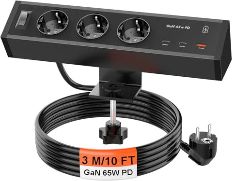 Tischsteckdose mit 2 USB C GaN PD 65W, 3 Fach Steckdosenleiste Schreibtisch 3M Kabel, Aluminum Steckdose Schreibtisch Klemmbar, Tischsteckdose Mehrfachsteckdose für Möbel oder Arbeitsflächen