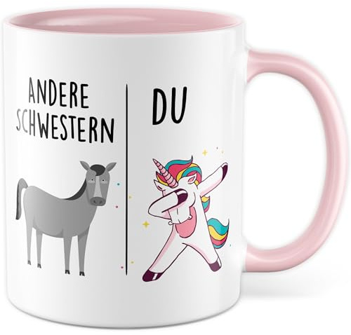 Tasse Schwester Geschenk Andere Schwestern - Du, Kaffeetasse Geschwister Geschenk für Frauen Kind, Geschenkidee Frau Schwester Geburtstag Weihnachten Familie Kaffee-Becher (Weiß/Rosa)