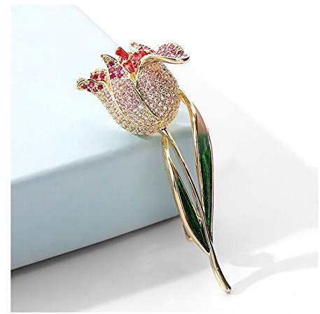 Pin Jewelry Gifts for Women Elegant Tulip Pin Brooches for Women Fashion Zircon Corsage Scarf Pins Jewelry Accessories Clothing Bouquet Brooches(Champagne/Red tulip) Brooches & Pins (Color : B)