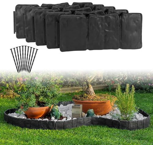 MSISILY Stone Effect Lawn Edging Border|Garden Edging Borders|Lawn Edging Tools|Garden Edging Border Plastic|Flower Bed Edging with Lawn Hedge 20 Pieces +20 Strong Fixing Nails 16Ft (Black-20Psc)