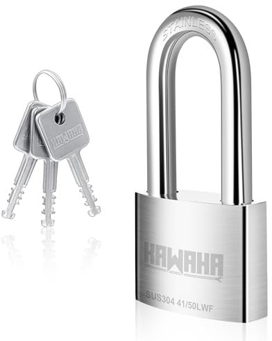KAWAHA 41/50LKD-3SK - Lucchetto ad arco lungo 50 mm, ad alta sicurezza, in acciaio inossidabile, con chiave, per uso interno ed esterno (resistente, antiruggine, 50 mm, L, 3 chiavi in acciaio inox)