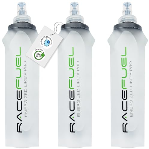 RaceFuel faltbare 500ml Trinkflasche Gelflasche, Soft Flask BPA-frei, mit RaceFuel Energy Gel Rezept QR-Code, perfekt zum Laufen, Marathon, Triathlon und Radfahren (3 Stück, 500ml)