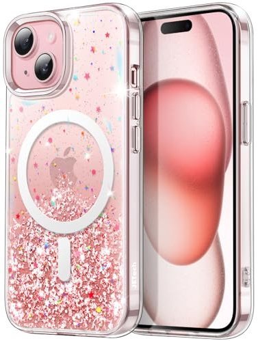 JETech Cover Magnetica con Glitter per iPhone 15 Plus, Rosa
