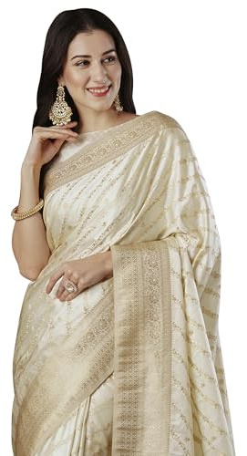 AKHILAM Sari da donna in raso di seta con motivo etnico tessuto design con camicetta non cucita (ARYA4401_FL_Parent), Bianco sporco, Free Size