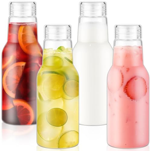 CWHHRN 17oz Glass Bottles with Lids, Glass Jars with Lids for Juice, Smoothies, Water, Milks, Beverage Storage, Clear Mason Jars with Lids for Pickles, Jams, Food Storage (4 Pack)