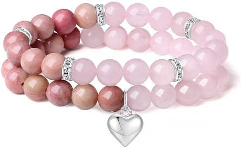 AWARDSEN 2 Stück Herz Edelstein Armband Damen Geschenk für Frauen | AWARDSEN Kristall 8mm Edelstein Schmuck, Heilsteine Armband, Partnerarmbänder