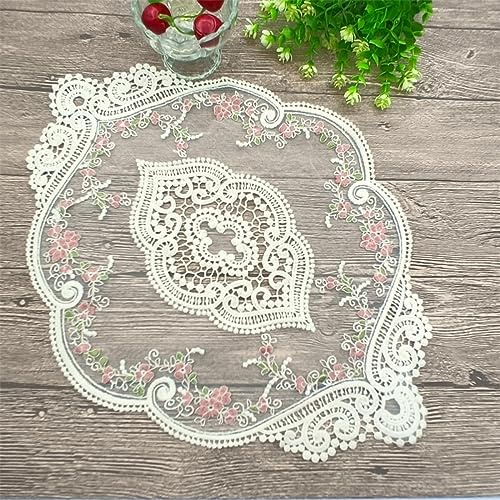Anevous 2 Stück Retro Spitzen Tischsets, 31x44cm Häkeldeckchen Platzdeckchen, Oval Dekorative Handgefertigte Bestickte Placemat, Blume Matte Abwaschbar für Küche Esszimmer Vase,Beige A