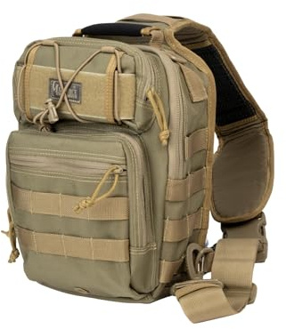 Taktische Sling Bag „Hamburger Bag“ – Molle Schulter- und Brusttasche für Reisen, Leichtes Nylon, Große Kapazität, Mehrere Fächer mit Gurt Khaki, Größe M – 1050D