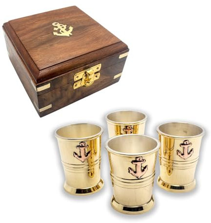Calyron Set di 4 tazze in ottone nautico con design a ancora, scatola decorativa in legno con raccordi in ottone