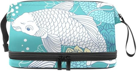 Koi Carp Lotus - Neceser de doble capa para mujeres y niñas, neceser de viaje, bolsa organizadora de maquillaje con compartimento para cepillos, multicolor, 27x15x14 cm/10.6x5.9x5.5 in, Neceser