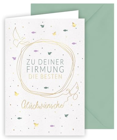 KE - Karte zur Firmung, Glückwunschkarte, mit Umschlag, eucalyptus, Motiv: Tauben, Goldprägung, Format: B6