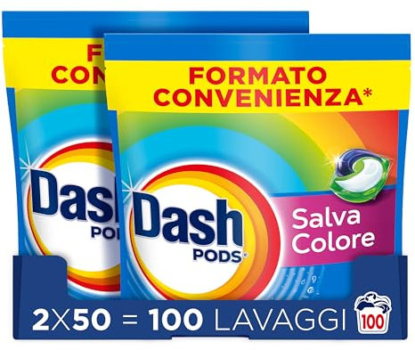 Dash Pods Detersivo Lavatrice In Capsule, 100 Lavaggi (2x50), Salva Colore, Rimuove Le Macchie, Igienizza, Brillantezza Per I Capi