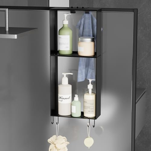 Womamny Black Over-Door Shower Caddy, 2-Layer Stainless Steel, 52 cm x 23 cm x 8.5 cm, 7 kg Capacity, Rust-Resistant, No-Drill Mounting