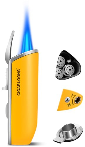 CLZOONG Briquet à Triple Flamme pour cigares – Briquet Butane Rechargeable, Coupe-Vent avec poinçon intégré, 2 in 1 pour intérieur/extérieur (sans gaz) (Jaune)