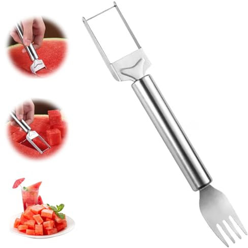 HOIDOKLY Cortador de Frutas de Acero Inoxidable 2 en 1, 2025 Herramienta de Cortador de Sandía Mejorada, Tenedor de Fruta de Doble Cabeza Cuchillo (1 PCS)
