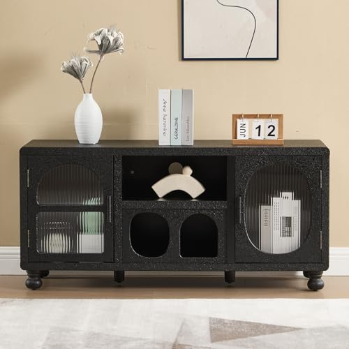 chairus Credenza Ingresso in Legno con 4 Scomparti Credenza Basso, Nero | Credenza in Pannello in Legno Ingegnerizzato con Ante in Vetro Tavolino Contenitore da Salotto per Soggiorno/Camera da Letto