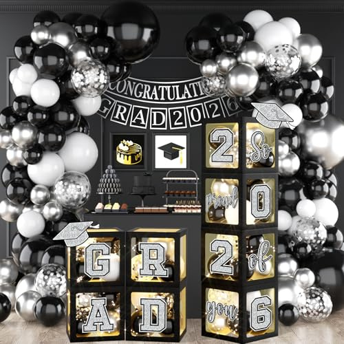 Graduation Decorations Class of 2026, Black and Silver Graduation Decorations 2026, Black Boxes Balloon Arch with Letters So Proud of You Grad 2026 for College Graduation Party Supplies