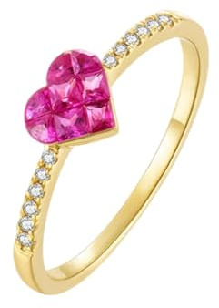 Homxi Hochzeitsringe Damen Ring 14 Karat 585 Gold, Herz mit Rubin 0,4 Karat und Diamant, Verlobung Ringe Damen Gelb Gold, Gr. 61 (19.4)