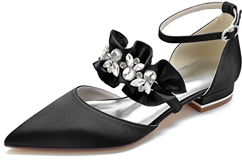 Yhsdfcn Brudskor med Volanger för Dam - Satin Ballerina Mary Jane med Strass, Spetsig Tå och Låg Blockklack,Black,EU41