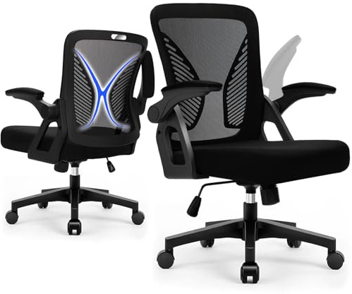 Milacyee Ergonomischer Bürostuhl mit Lordosenstütze, Mesh Schreibtischstuhl mit Klappbaren Armlehnen, Höhenverstellbar & Wippfunktion, Chefsessel für Home Office, Schwarz