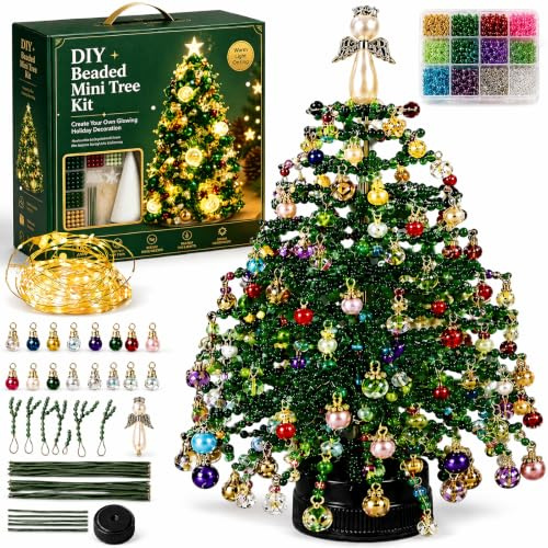 ELMVAR DIY Beaded Christmas Tree Kit, 3D Crystal Bead Holiday Craft Set for Adults, Handmade Mini Desk Xmas Bead Art, Angel Topper Tabletop Christmas Decoration, Colorful Beads, Metal Frame，C