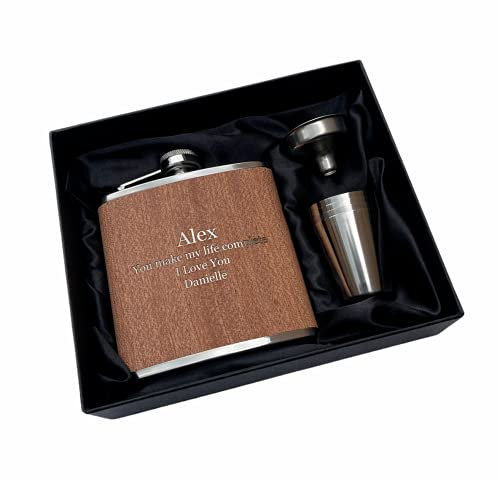 Personalised Rutherfords Gifts Wood Wrap 6oz Hip Flask - Engraved with Name and Message of Your Choosing - Wedding Birthday Fathers Day Gift