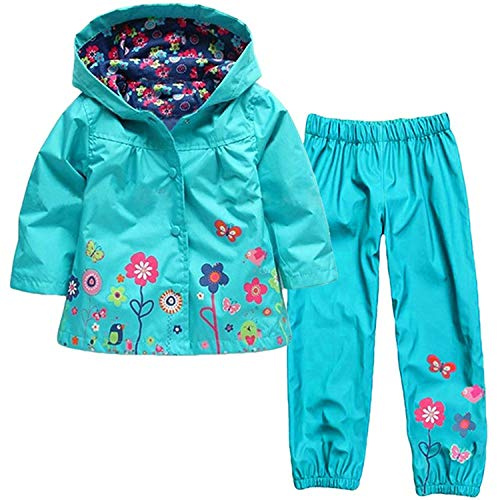 Baotung Conjunto de ropa para niños y niñas, 2 piezas, impermeable, chaqueta de lluvia, chubasquero con capucha y estampado floral + pantalones para la lluvia, azul, 122 cm-128 cm
