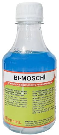 Allegrini Bi-Moschì Liquido Lavavetri Auto Detergente Bicomponente per Tergicristalli Concentrato Elimina Sporco Insetti e Moscerini Migliora la Visibiltà e Rilascia Un Fresco Profumo di Menta 250 ml