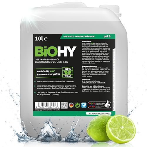 BiOHY Geschirrreiniger für gewerbliche Spülmaschinen (10 Liter Kanister) | Maschinenspülmittel für Geschirr | ergiebig, flüssig & phosphatfrei | für Gastro & Gewerbe | Spülmaschinenreiniger