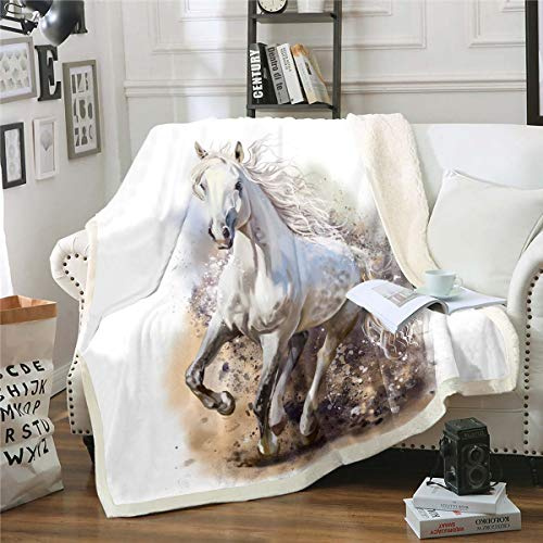 Homemissing 3d Horse Sherpa Fleece Throw Blanket - White Galloping Horses, Kids Boys Cool Wild Animal Plush Blanket - Double, 60x79 Inch