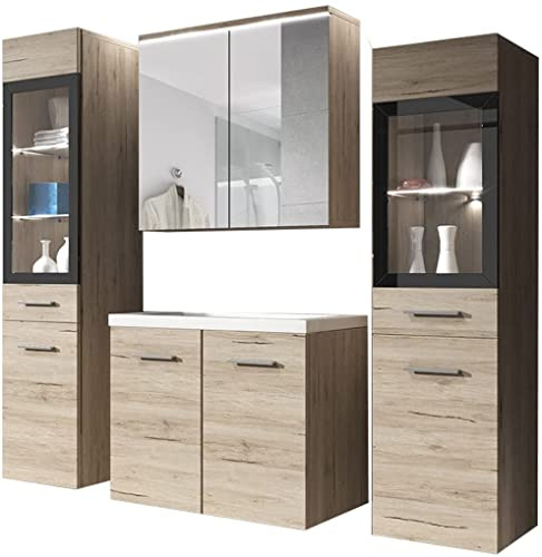 PIASKI Udine Ensemble de meubles de salle de bain avec lavabo inclus, armoire haute, miroir, armoire vitrée, siphon et meuble (San Remo)