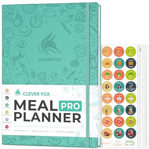 Clever Fox Meal Planner Pro – Journal hebdomadaire de préparation des repas et de nutrition avec liste d'épicerie et suivi de perte de poids – Carnet de régime et de fitness (turquoise)