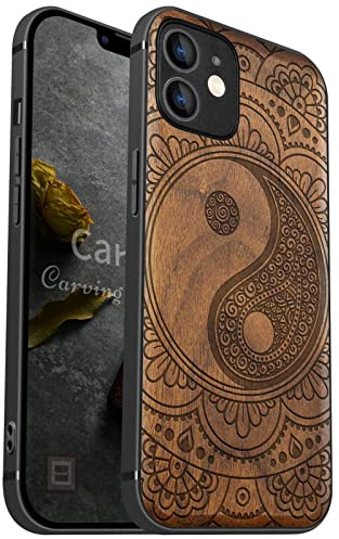 Carveit Étui en Bois pour iPhone 12, (Noyer-Mandala Yin Yang) | Bois Étui de Magnétique Téléphone Antichoc TPU, Protection Case Compatible Magsafe pour iPhone 12 Coque