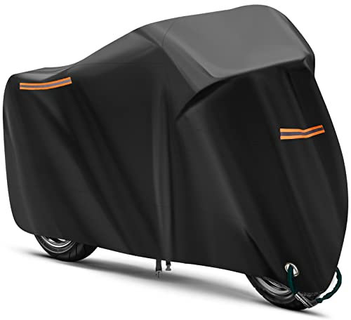 URAQT Motorcycle Cover, 210T Waterproof Motorbike Cover, Heat-Resistant Outdoor Protection with Night Reflective Strips, Anti UV Resistant Colorfast Lock-Holes Motorcycle Cover XXL 245x105x 125cm