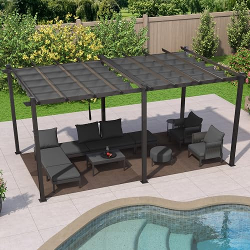 PURPLE LEAF Pergola Aluminium 5,5 x 3 m Tissu Teint en Fil, Pergolas pour Terrasse Extérieur, Pergola Jardin Extérieur Toit Coulissante, Pavillon de Jardin, Gris