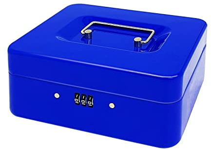 Geldkassette aus Stahl mit Zahlenschloss, kleiner Geldorganizer aus Metall mit abnehmbarem Geldfach, Aufbewahrungsbox für Geldkassette mit abschließbarer Abdeckung (Blau – 19,8 x 16 x 8,4 cm)