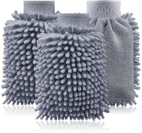com-four Guanto di lavaggio 3X per auto e casa, guanto in microfibra, guanto in ciniglia, guanto di pulizia per la manutenzione dell'auto (3 parti, grigio)