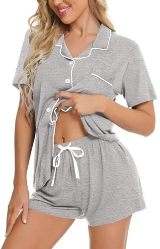 SWOMOG Womens Pyjamas Set Short Sleeve Sleepwear Button Down Nightwear Lounge Soft Pj Sets M Grey