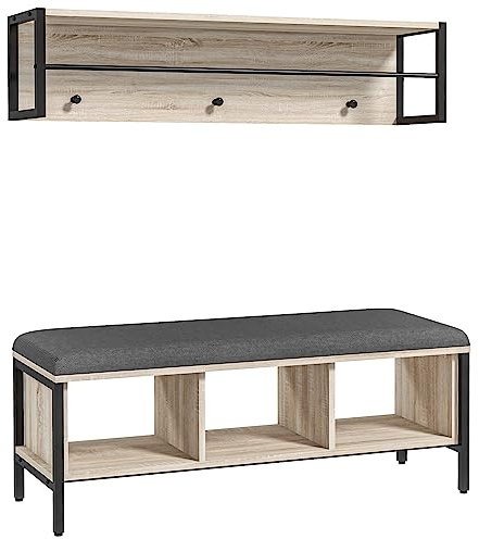 HOMCOM - Juego de mueble de entraditas 2 en 1 con 3 armarios y percheros de pared, 3 ganchos y barra – Cojín acolchado – Natural y negro