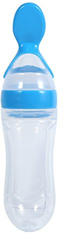Biberon con Cucchiaio, per Uso Alimentare, Biberon Comprimibili per Neonati, Biberon in Silicone per Cereali, Latte, Porridge, 90 Ml (Blu)