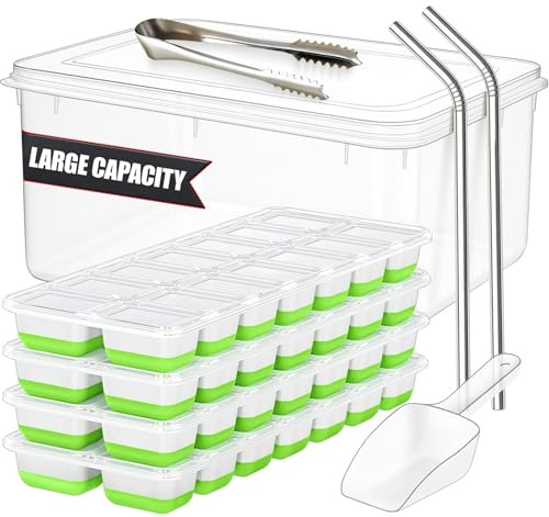 56pcs Ice Cube Tray with Lid and Bin – Stackable 4 Trays Plastic Silicone Freezer Mold, Large Ice Bucket with Scoop, Tong & 2 SS Straws – Easy Release Ice Maker for Cocktail, Coffee, RV, Whiskey