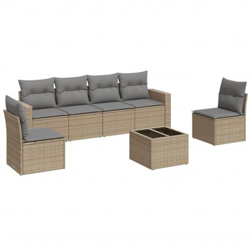 vidaXL Garten Sofa Garnitur 7-TLG., Gartenmöbel Set mit Kissen, Sitzgruppe für Garten Terrasse, Modular Gartensofa Lounge, Tisch mit Glasplatte, Beige Poly Rattan