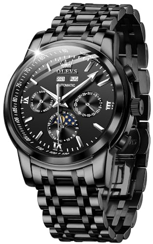 OLEVS Herren-Automatikuhr, mechanisch, selbstaufziehend, keine Batterie, Edelstahlband, luxuriös, Mondphasenkleid, Armbanduhren für Herren, wasserdicht, leuchtend, Schwarzes Armband und schwarzes