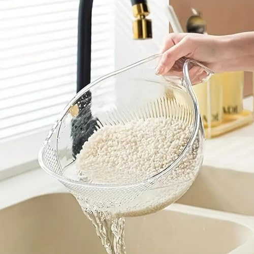 Rice Washer, Rice Strainer 9x5 Inch BPA-free Plastic Rice Washer with Fine Holes and Ergonomical Handle Multifunctional Fruit Washing Bowl for Cleaning Fruits, Vegetables Transparent, Rice Washer S